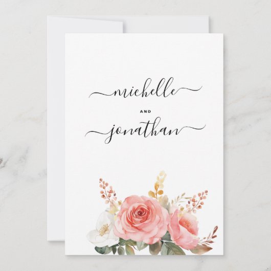 水彩赤面ピンクホワイトミントフローラ結婚ズ 招待状 (裏面)