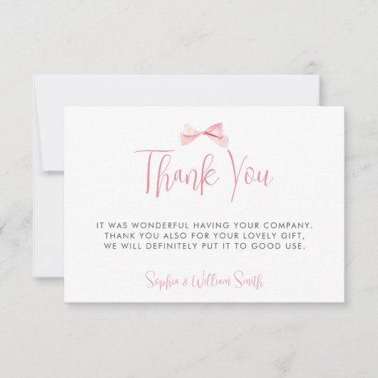 水彩赤面ピンクボウリボン女の子ベビーシャワー サンキューカード (正面)