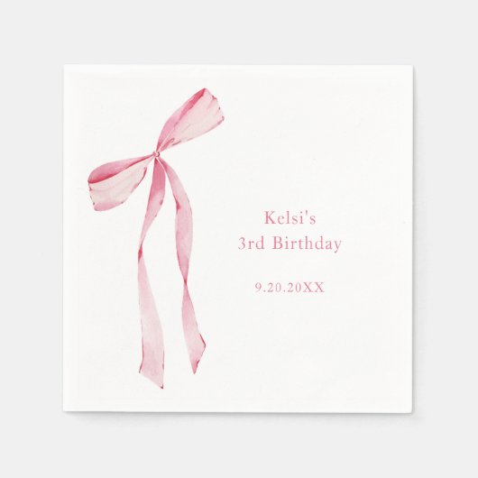 水彩赤面ピンクボウ誕生日 スタンダードカクテルナプキン (正面)