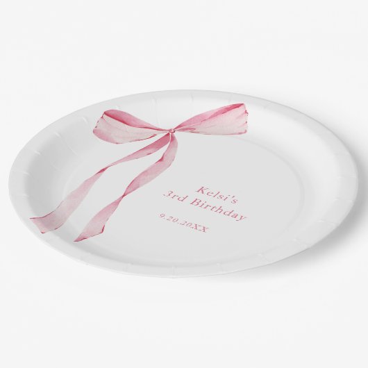水彩赤面ピンクボウ誕生日 ペーパープレート (アングル)