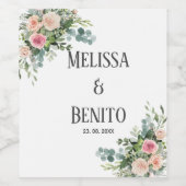 水彩赤面ピンクユーカリスグリーン結婚リー ワインラベル (シングルラベル)