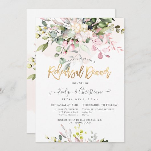 水彩赤面ピンクユーカリプラーサルディナー 招待状 (正面/裏面)