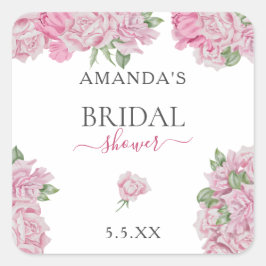 水彩赤面ピンクローズブライダルシャワー スクエアシール