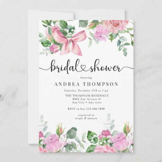 水彩赤面ピンクローズブライダルシャワー 招待状 (正面)