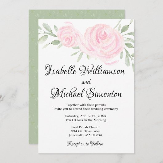水彩赤面ピンクローズ結婚式招待状 招待状 (正面/裏面)