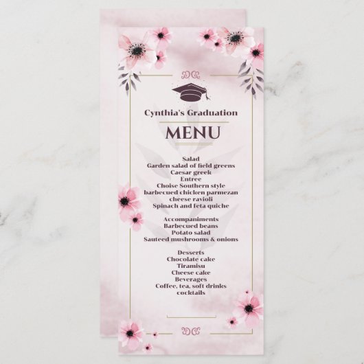 水彩赤面ピンク卒業ディナーメニューInvite メニュー (正面/裏面)