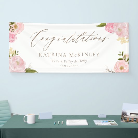 水彩赤面ピンク牡丹とバラ卒業 横断幕 (トレードショー)