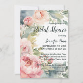 水彩赤面ピンク牡丹フレームブライダルシャワー 招待状 (正面)