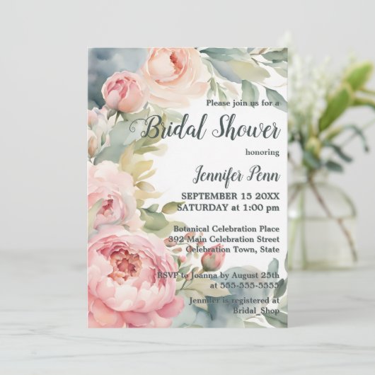 水彩赤面ピンク牡丹フレームブライダルシャワー 招待状 (スタンド正面)