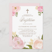 水彩赤面ピンク牡丹フローラバプテスマ 招待状 (正面/裏面)