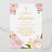 水彩赤面ピンク牡丹フローラバプテスマ 箔招待状 (正面)