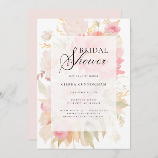 水彩赤面ピンク牡丹フローラブライダルシャワー 招待状 (正面/裏面)