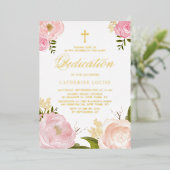 水彩赤面ピンク牡丹フローラベビー献身 箔招待状 (立ち正面)