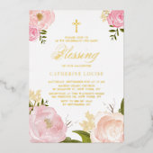 水彩赤面ピンク牡丹フローラベビー賛美ズ 箔招待状 (正面)