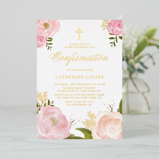 水彩赤面ピンク牡丹フローラ確認 箔招待状 (立ち正面)