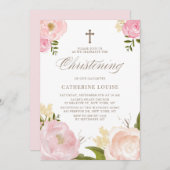 水彩赤面ピンク牡丹フローラ《キリスト教》洗礼式や命名式 招待状 (正面/裏面)