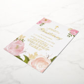 水彩赤面ピンク牡丹フローラ《キリスト教》洗礼式や命名式 箔招待状 (回転した状態)
