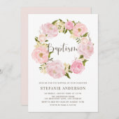 水彩赤面ピンク牡丹リースバプテスマ 招待状 (正面/裏面)