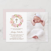水彩赤面ピンク牡丹リース《キリスト教》洗礼式や命名式 招待状 (正面/裏面)