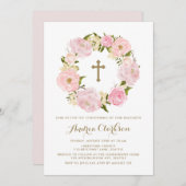水彩赤面ピンク牡丹リース《キリスト教》洗礼式や命名式 招待状 (正面/裏面)