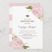 水彩赤面ピンク牡丹卒業パーティー 招待状 (正面/裏面)