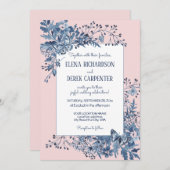水彩赤面ピンク、ブルーホワイトフローラ結婚ズ 招待状 (正面/裏面)