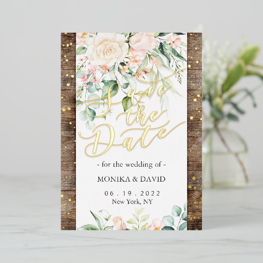 水彩赤面フラワー日付の実在金ゴールド 箔招待状 (立ち正面)