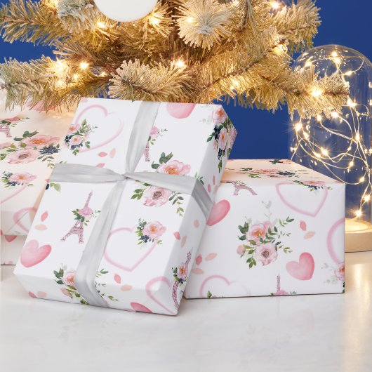 水彩赤面フローラエッフェルタワーパターン ラッピングペーパー (クリスマス)