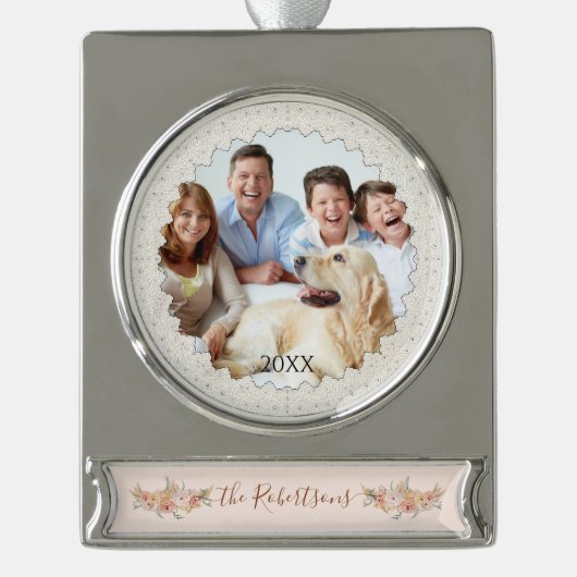 水彩赤面フローラエレガントクリスマスフォト シルバープレートバナーオーナメント (正面)