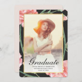 水彩赤面フローラ写真卒業ブラック 招待状 (正面/裏面)