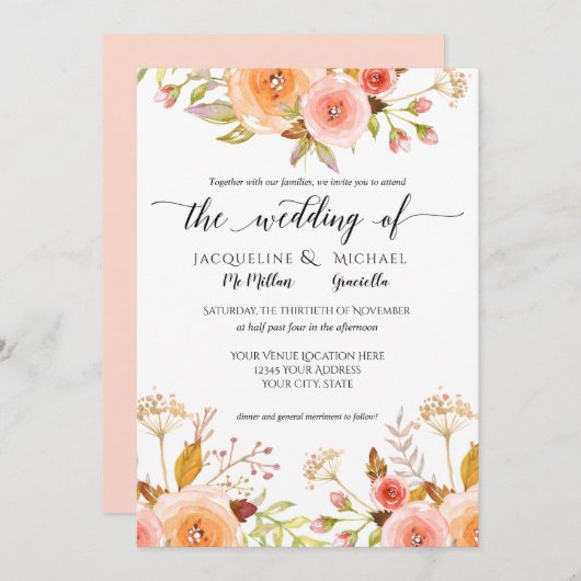 水彩赤面フローラ結婚のバラ葉 招待状 (正面/裏面)