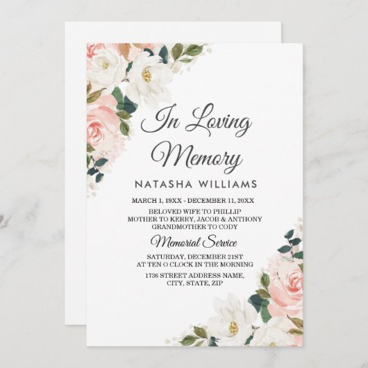 水彩赤面フローラ葬儀 招待状 (正面/裏面)