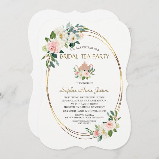 水彩赤面フローラ金ゴールドフレームブライダルシャワー 招待状 (正面/裏面)