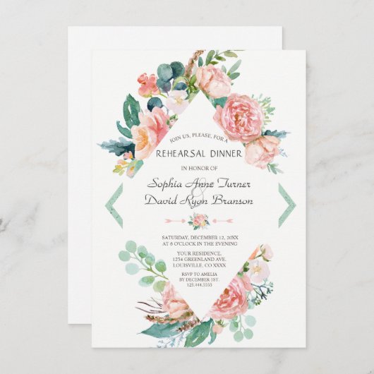 水彩赤面ホワイトペニーリハーサルディナー 招待状 (正面/裏面)