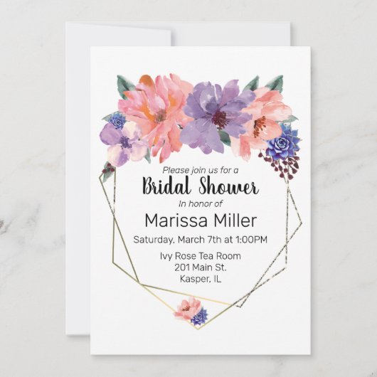 水彩赤面ラベンダーブルー金ゴールドフレーム 招待状 (正面)