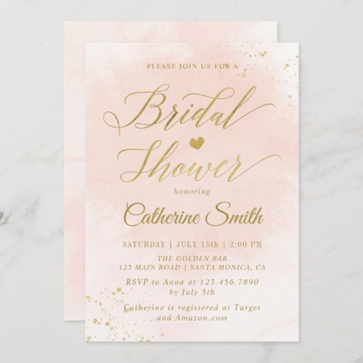 水彩赤面及び金ゴールドブライダルシャワー 招待状 (正面/裏面)