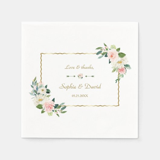 水彩赤面花金ゴールドネイビー結婚ズ スタンダードカクテルナプキン (正面)