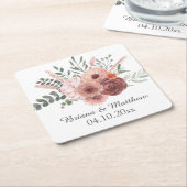 水彩赤面錆びフローラ結婚ズメイソンジャー スクエアペーパーコースター (アングル)