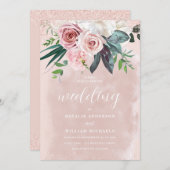 水彩赤面&ほこりっぽいピンクのバラ結婚の花 招待状 (正面/裏面)