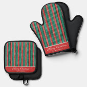 水彩赤&緑のスストライプチルストマカスタムス 鍋つかみ&鍋敷きセット (正面/裏面)