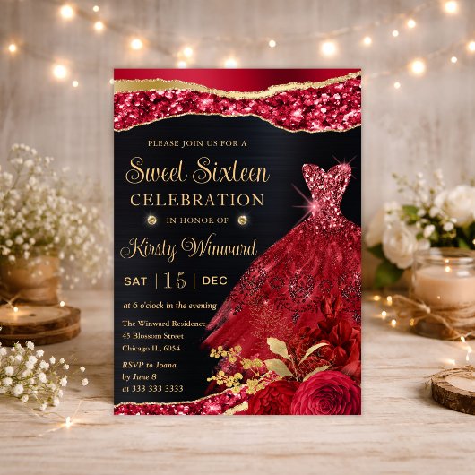 水彩赤&金ゴールドグリッタードレスSweet sixteen 招待状