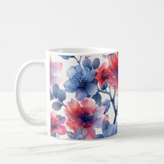 水彩赤、青の花(白) コーヒーマグカップ (左)