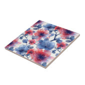 水彩赤、青の花（白） タイル (側面)