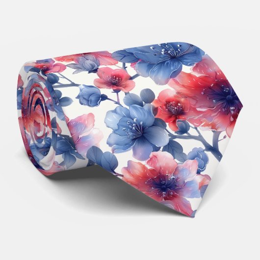 水彩赤、青の花(白) ネクタイ (ロール)