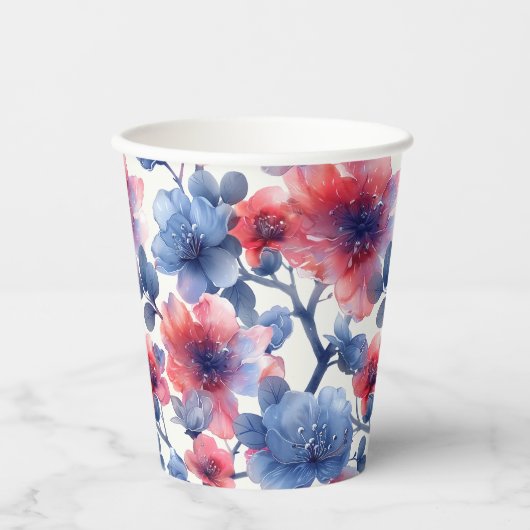 水彩赤、青の花（白） 紙コップ (正面)