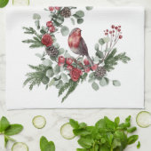 水彩赤（鳥）ショウジョウコウカンチョウ鳥リース キッチンタオル (折り畳み)