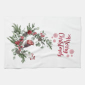 水彩赤（鳥）ショウジョウコウカンチョウ鳥リース キッチンタオル (横)