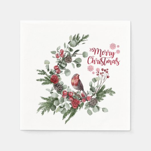 水彩赤（鳥）ショウジョウコウカンチョウ鳥リース スタンダードカクテルナプキン (正面)