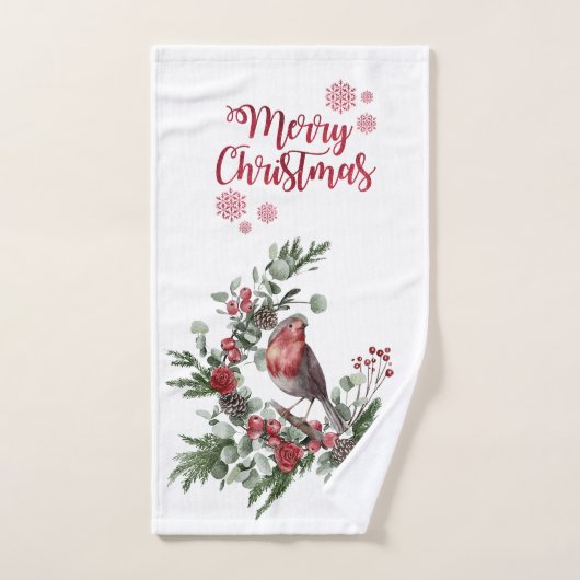 水彩赤（鳥）ショウジョウコウカンチョウ鳥リース バスタオルセット (ハンドタオル)