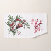 水彩赤（鳥）ショウジョウコウカンチョウ鳥リース バスタオルセット (ハンドタオル)